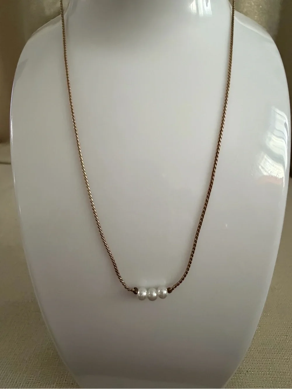 Gold Tone Chain Necklace with Three White Pearl Beads